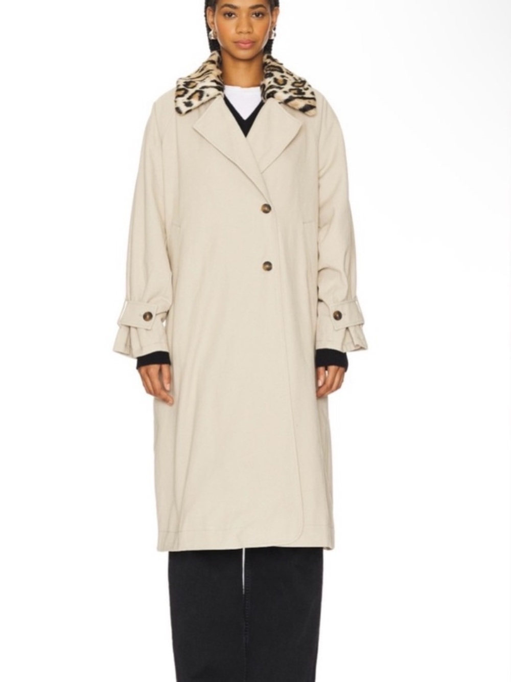 FREE PEOPLE Women’s Cream Trench Coat with Leopard Collar